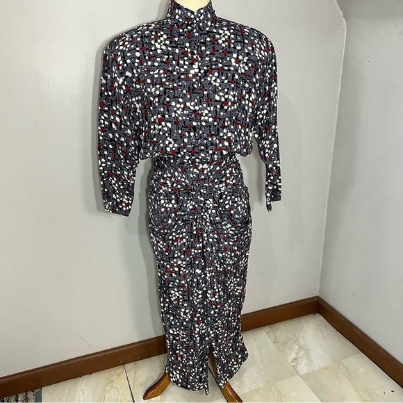 Vintage Long Sleeve Womens Wiggle Dress Small Bodycon Abstract Dots Unique Retro - Picture 3 of 14